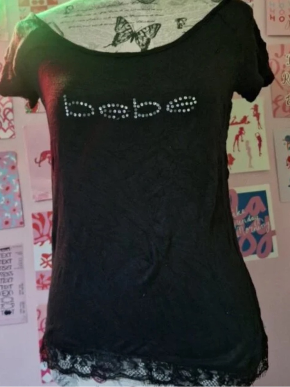 bebe Black Rhinestone Logo Lace-Hem Scoop Neck Tee